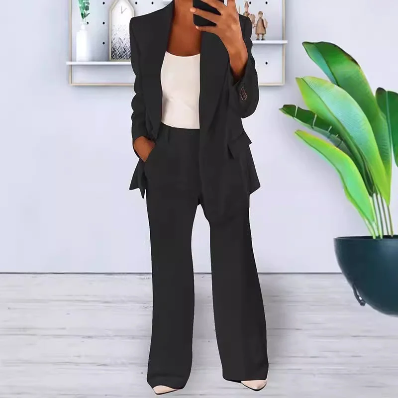Damen nan bürotaugendes Hosenanzug Set mit weiter Hose und tailliertem Blazer Drune