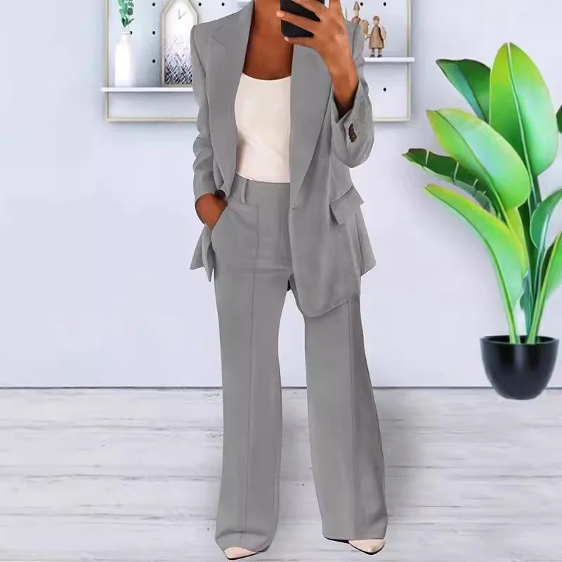 Damen nan bürotaugendes Hosenanzug Set mit weiter Hose und tailliertem Blazer Drune