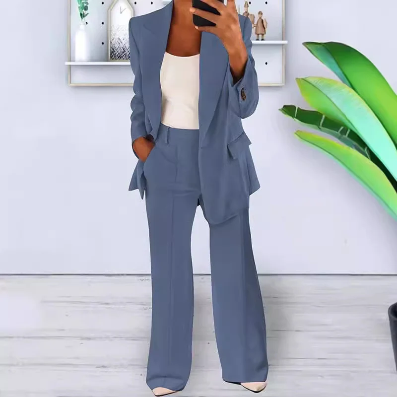 Damen nan bürotaugendes Hosenanzug Set mit weiter Hose und tailliertem Blazer Drune