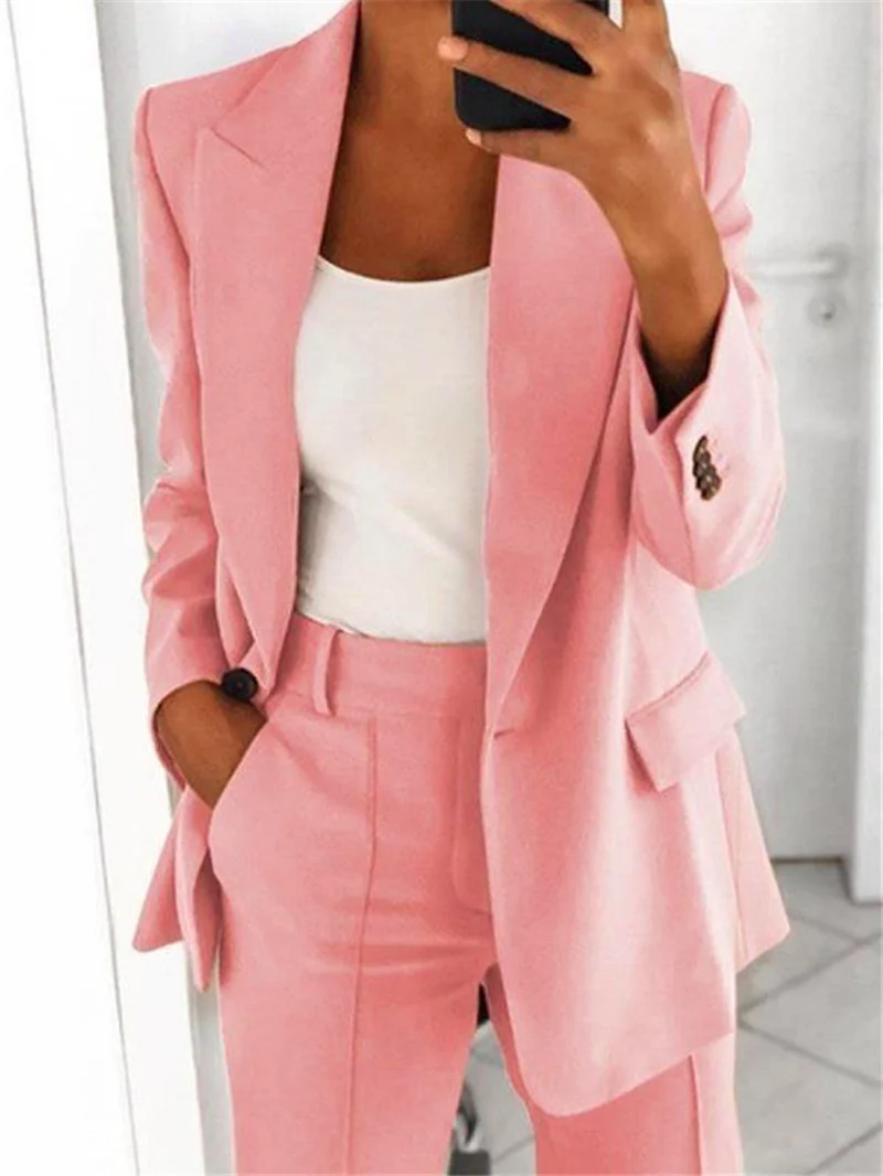 Damen nan bürotaugendes Hosenanzug Set mit weiter Hose und tailliertem Blazer Drune