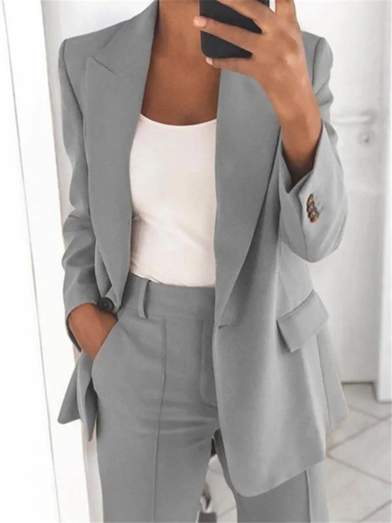 Damen nan bürotaugendes Hosenanzug Set mit weiter Hose und tailliertem Blazer Drune