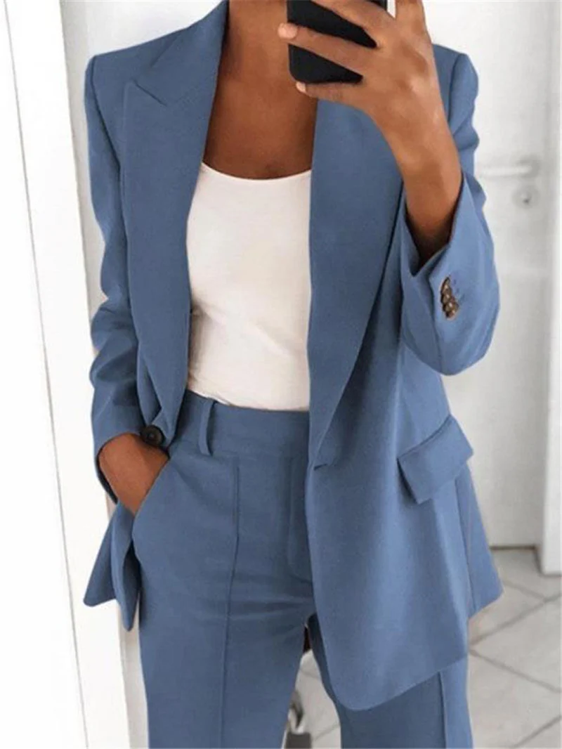 Damen nan bürotaugendes Hosenanzug Set mit weiter Hose und tailliertem Blazer Drune