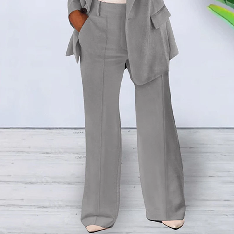 Damen nan bürotaugendes Hosenanzug Set mit weiter Hose und tailliertem Blazer Drune