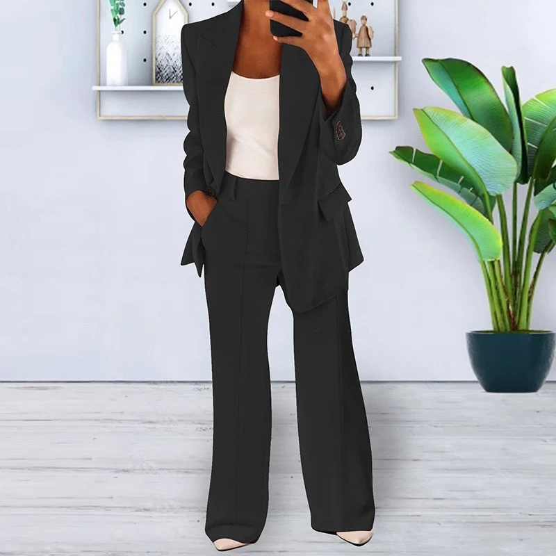 Damen nan bürotaugendes Hosenanzug Set mit weiter Hose und tailliertem Blazer Drune