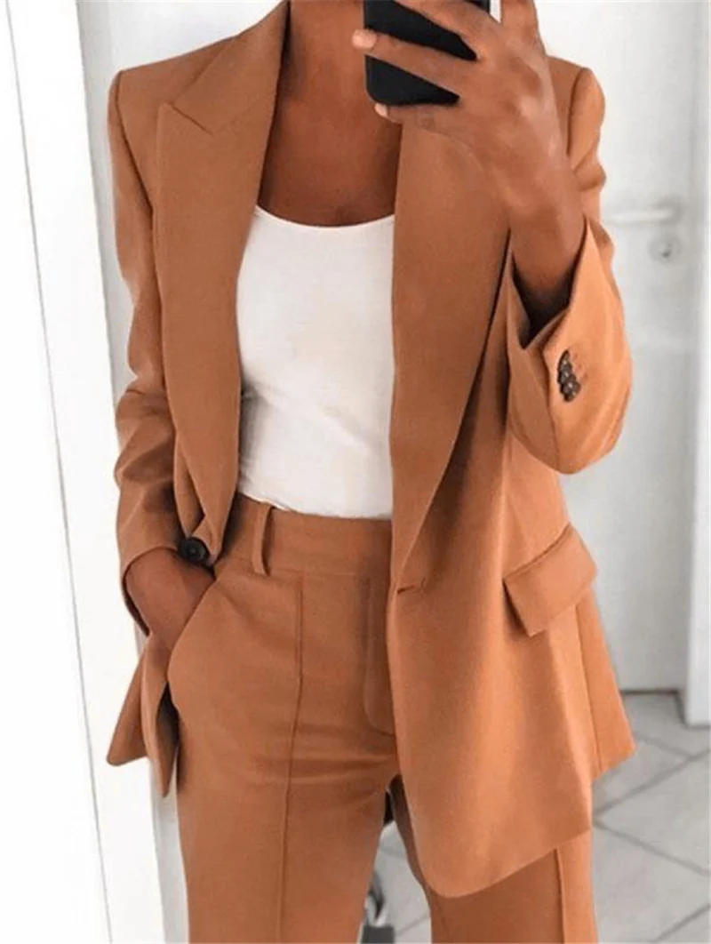 Damen nan bürotaugendes Hosenanzug Set mit weiter Hose und tailliertem Blazer Drune