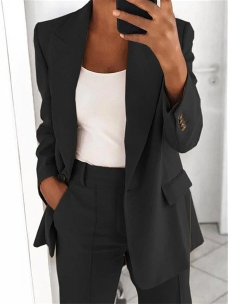 Damen nan bürotaugendes Hosenanzug Set mit weiter Hose und tailliertem Blazer Drune