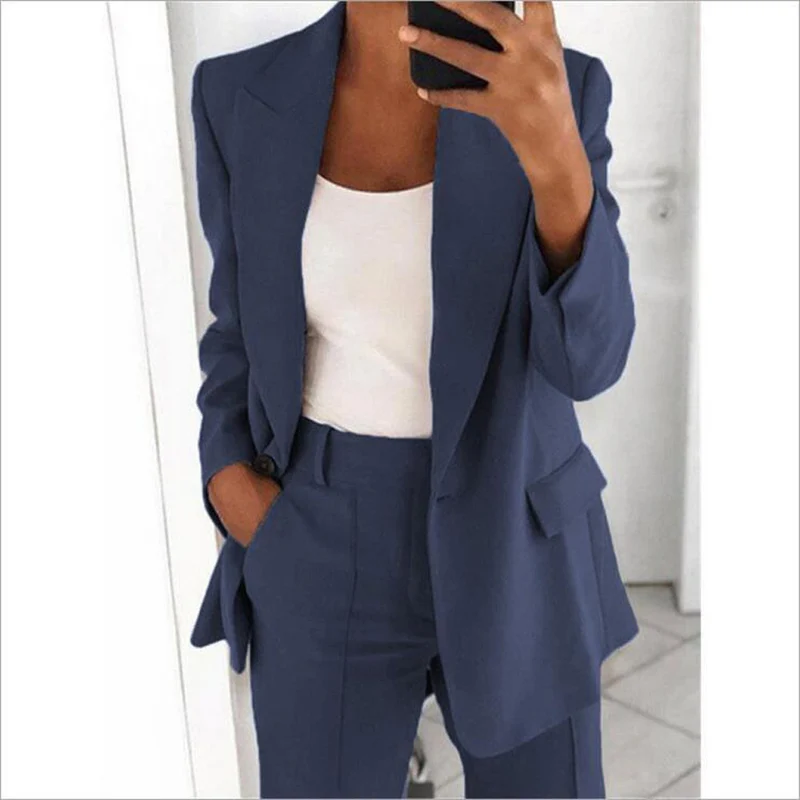 Damen nan bürotaugendes Hosenanzug Set mit weiter Hose und tailliertem Blazer Drune