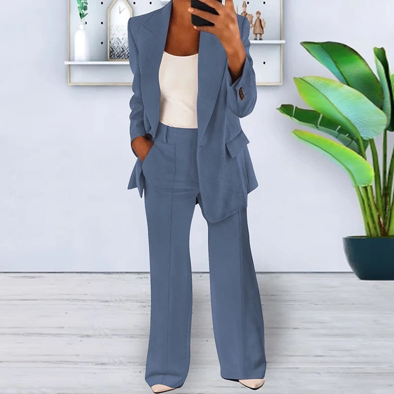Damen nan bürotaugendes Hosenanzug Set mit weiter Hose und tailliertem Blazer Drune