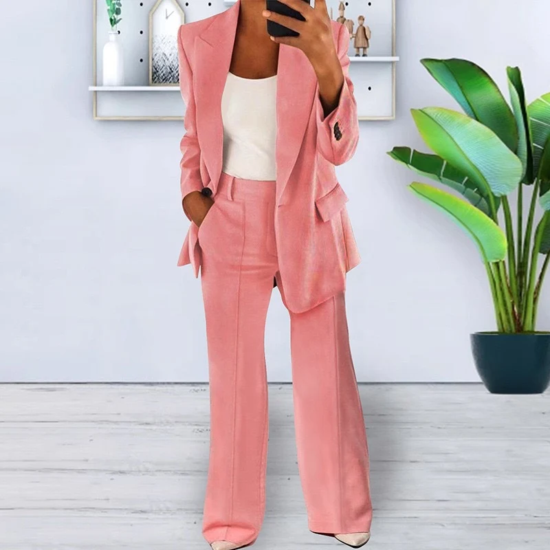 Damen nan bürotaugendes Hosenanzug Set mit weiter Hose und tailliertem Blazer Drune