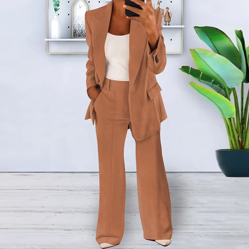 Damen nan bürotaugendes Hosenanzug Set mit weiter Hose und tailliertem Blazer Drune