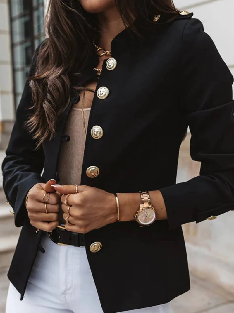 Drune | Kurz Offiziersjackett mit Knopfkragen Damen Eleganter Blazer