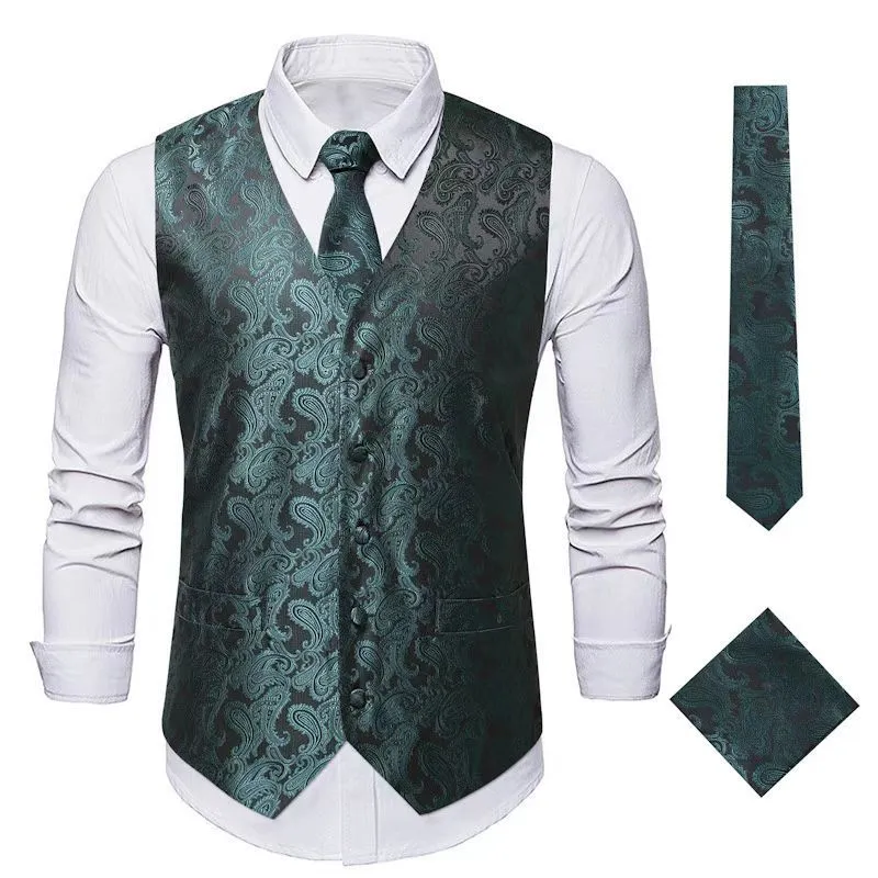 Herren nan Paisley Satin Anzugweste Set mit Krawatte und Einstecktuch Drune