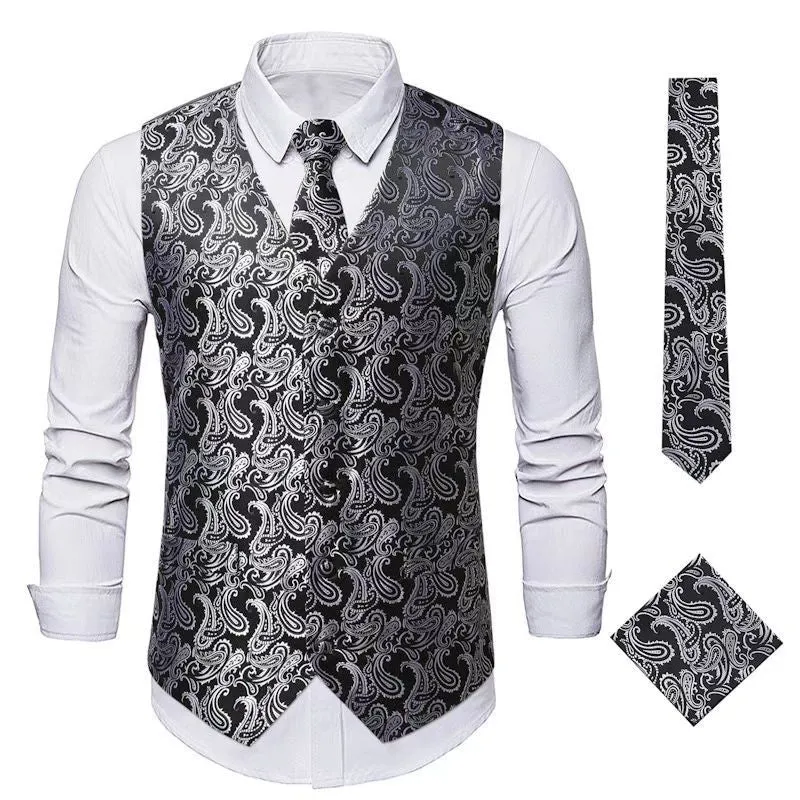 Herren nan Paisley Satin Anzugweste Set mit Krawatte und Einstecktuch Drune