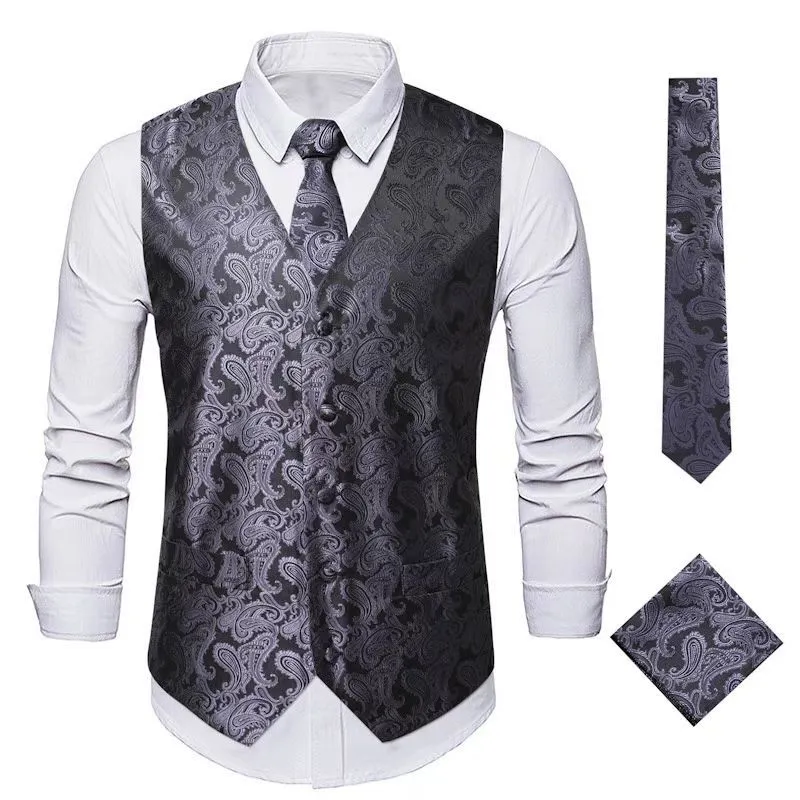 Herren nan Paisley Satin Anzugweste Set mit Krawatte und Einstecktuch Drune