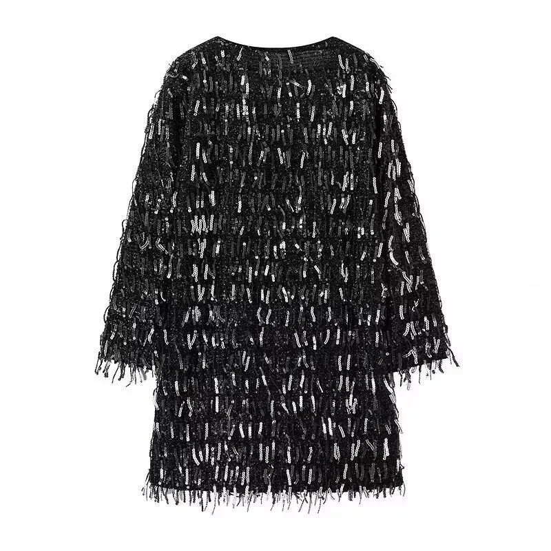 Damen nan glitzerndes Paillettenfransen Kleid mit V‑Ausschnitt, lockerem Boxy‑Schnitt und gefütterter Innenlage Drune