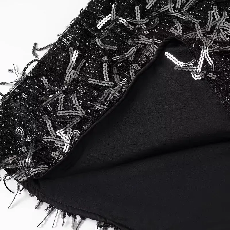 Damen nan glitzerndes Paillettenfransen Kleid mit V‑Ausschnitt, lockerem Boxy‑Schnitt und gefütterter Innenlage Drune
