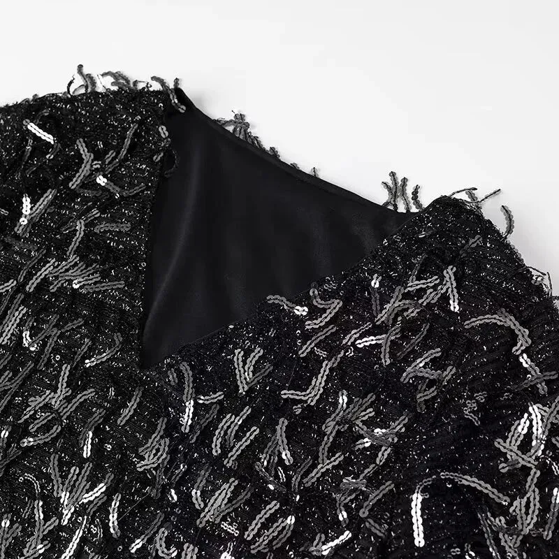 Damen nan glitzerndes Paillettenfransen Kleid mit V‑Ausschnitt, lockerem Boxy‑Schnitt und gefütterter Innenlage Drune