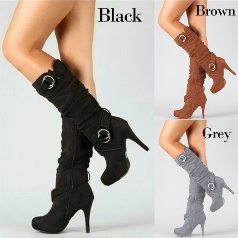 Damen kniehohe Stiefel mit schmalem Stilettoabsatz, Plateau und dekorativen Metallringen Drune