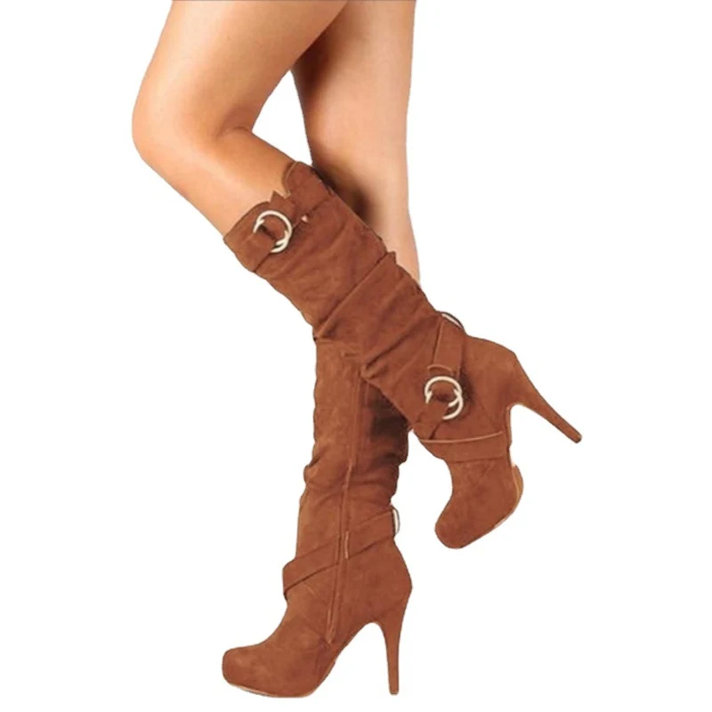 Damen kniehohe Stiefel mit schmalem Stilettoabsatz, Plateau und dekorativen Metallringen Drune