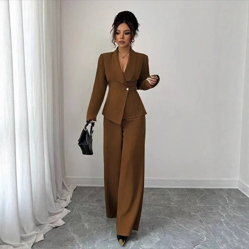 Damen tailliertes Hosenanzug-Set mit asymmetrischem Blazer und weitem Bein Drune