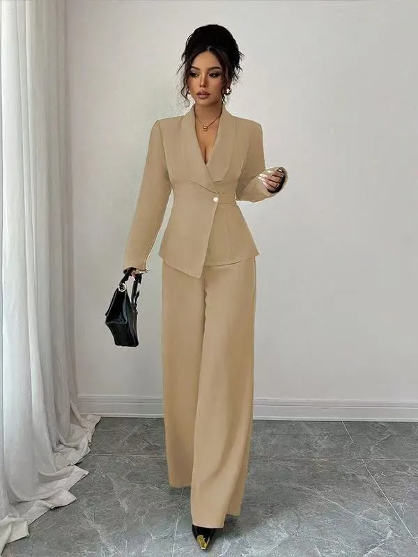 Damen tailliertes Hosenanzug-Set mit asymmetrischem Blazer und weitem Bein Drune