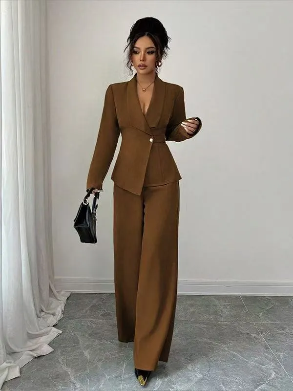 Damen tailliertes Hosenanzug-Set mit asymmetrischem Blazer und weitem Bein Drune