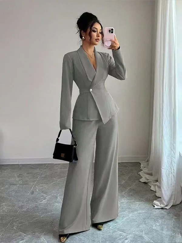 Damen tailliertes Hosenanzug-Set mit asymmetrischem Blazer und weitem Bein Drune