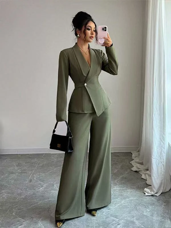 Damen tailliertes Hosenanzug-Set mit asymmetrischem Blazer und weitem Bein Drune
