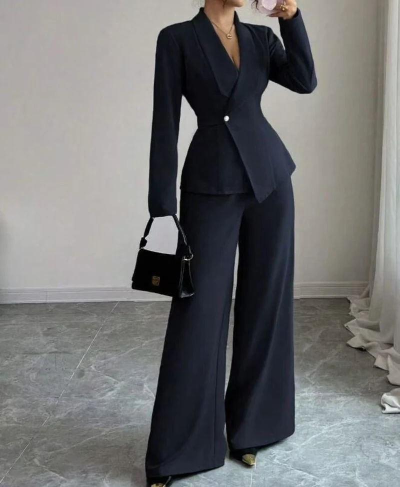 Damen tailliertes Hosenanzug-Set mit asymmetrischem Blazer und weitem Bein Drune