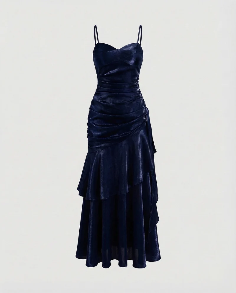 Damen Samt Abendkleid mit Volantrock