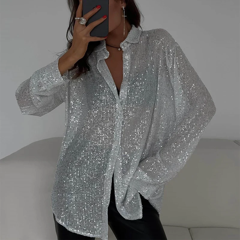 Damen Glitzernde Oversize-Hemdbluse Drune