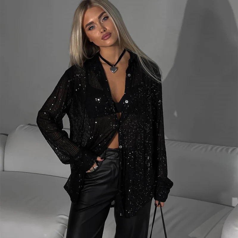 Damen Glitzernde Oversize-Hemdbluse Drune
