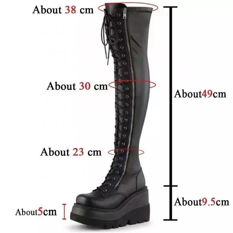 Damen Overknee-Boots im Biker-Stil mit durchgehender Schnürung, Seitenreißverschluss und klobiger Plateausohle Drune
