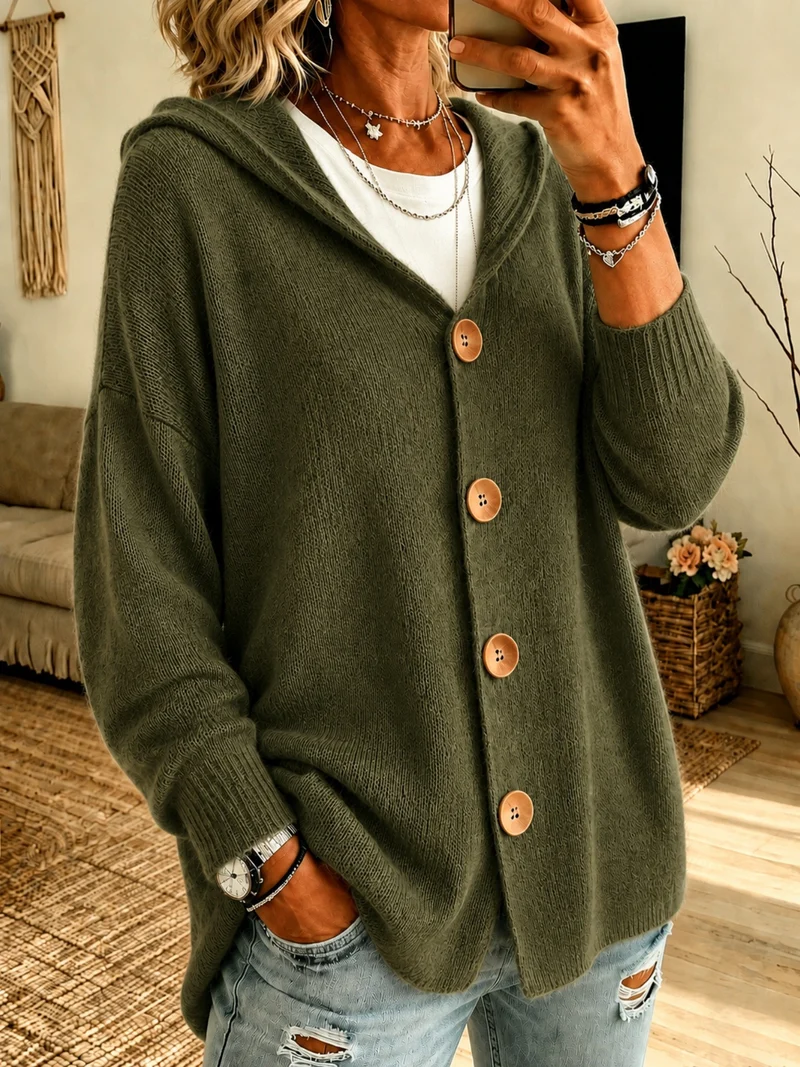 Damen Kapuzen-Cardigan Oversize mit Holzknöpfen und Rippbündchen Drune