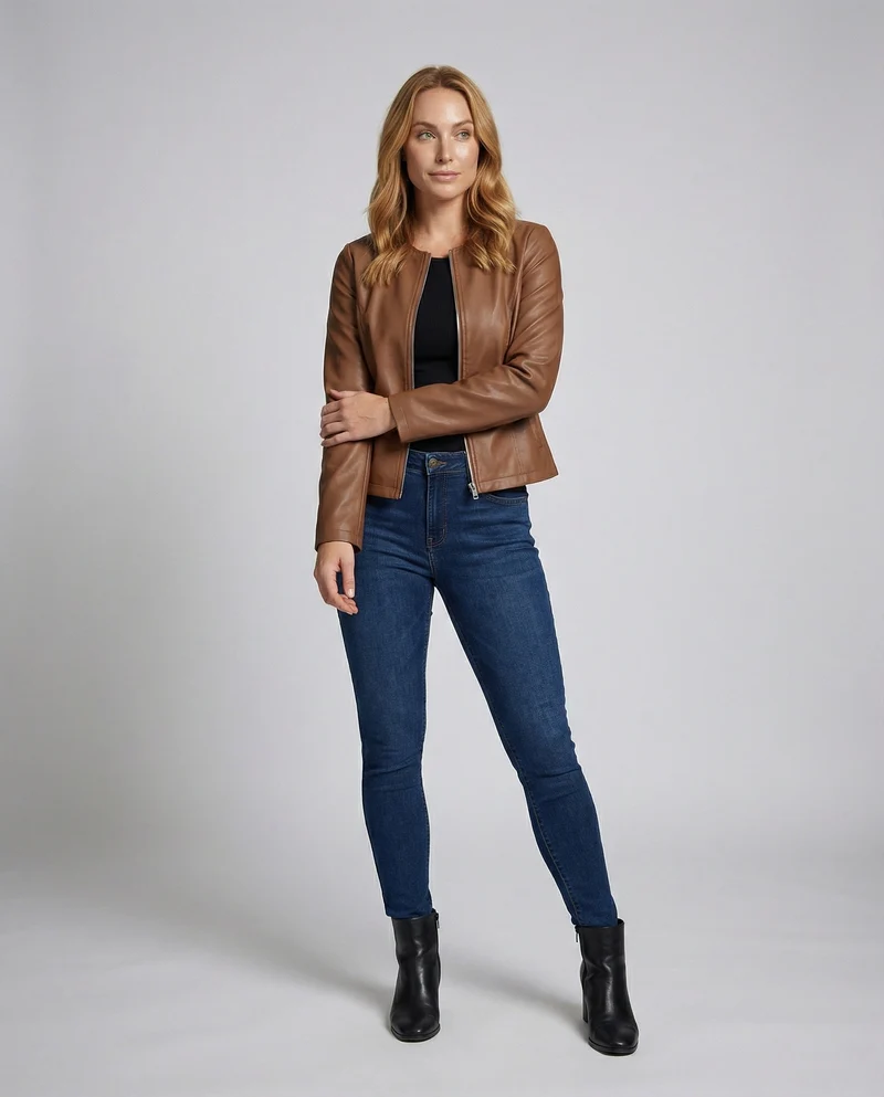 Drune | Leder-Bikerjacke für Damen mit langen Ärmeln Übergangsjacke lässig monochrom