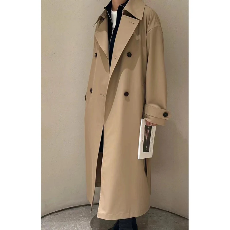 Herren Langer Doppelreihiger Trenchcoat mit Oversize-Schnitt und Reverskragen Drune