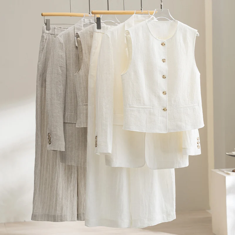 Damen Weite Leinenhose mit hoher Taille, Bundfalten und legerer Palazzosilhouette Drune