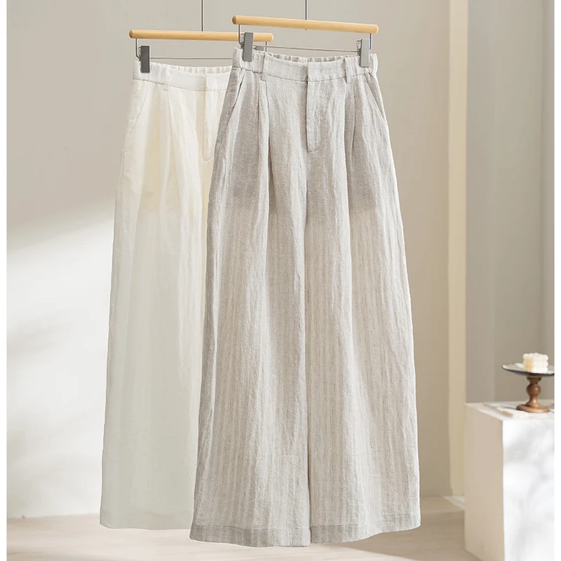 Damen Weite Leinenhose mit hoher Taille, Bundfalten und legerer Palazzosilhouette Drune