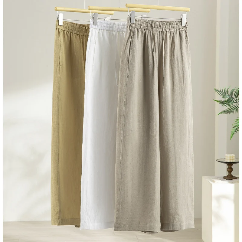 Damen Weite Leinen‑Optik Palazzohose mit elastischem Bund und fließender Silhouette Drune