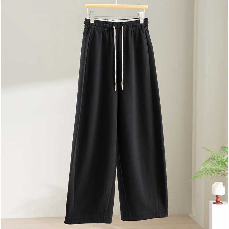 Damen Weite High‑Waist Loungehose aus weichem Baumwollmix mit Elastikbund und Tunnelzug Drune