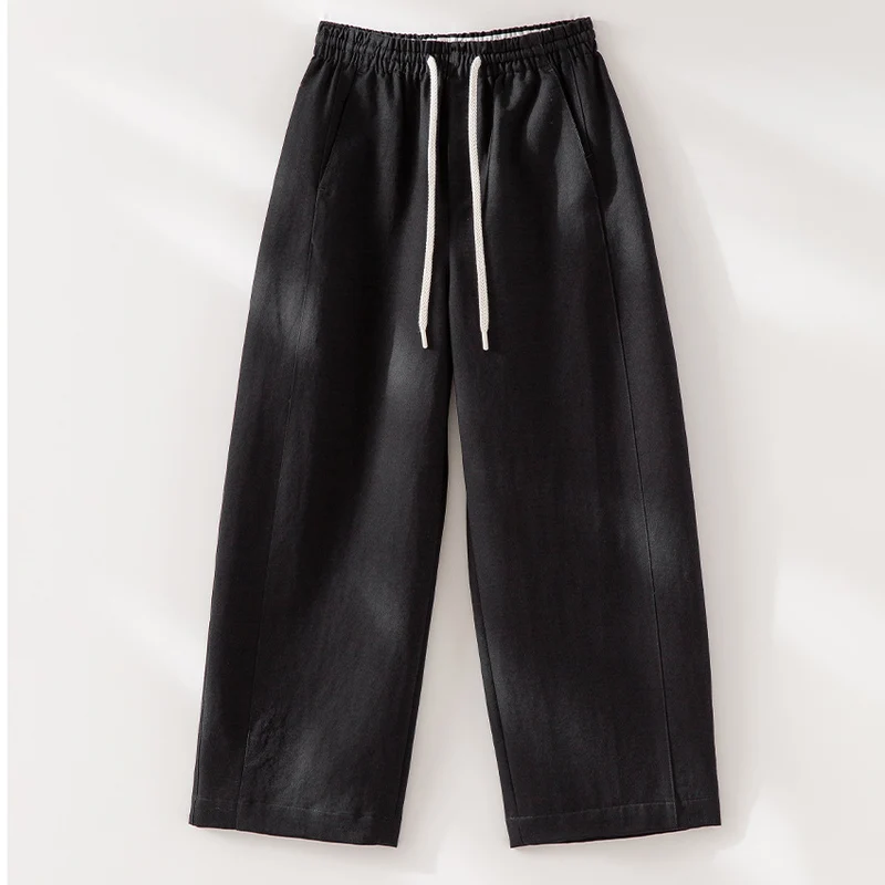 Damen Weite High‑Waist Leinenmix-Hose mit elastischem Bund und Kordelzug Drune