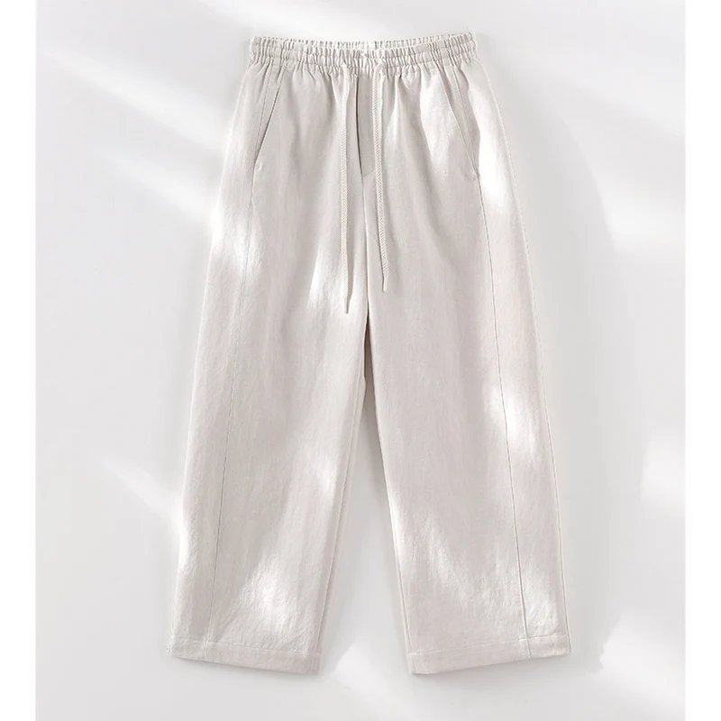 Damen Weite High‑Waist Leinenmix-Hose mit elastischem Bund und Kordelzug Drune