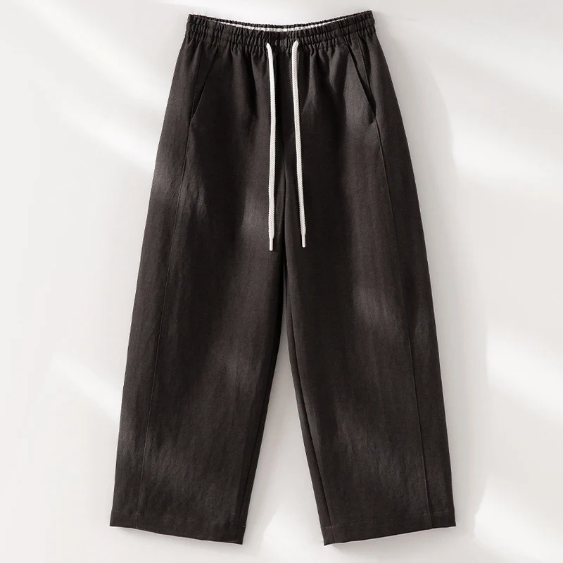 Damen Weite High‑Waist Leinenmix-Hose mit elastischem Bund und Kordelzug Drune