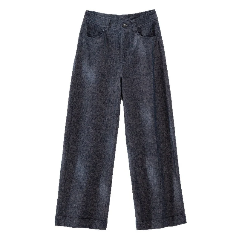 Damen Weite High-Waist-Jeanshose mit Bügelfalte und Umschlagsaum Drune