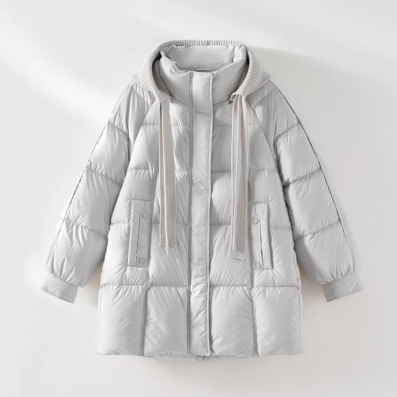 Damen wattierte Steppjacke mit Kapuze Rippkragen weitem Schnitt und Midilänge Drune