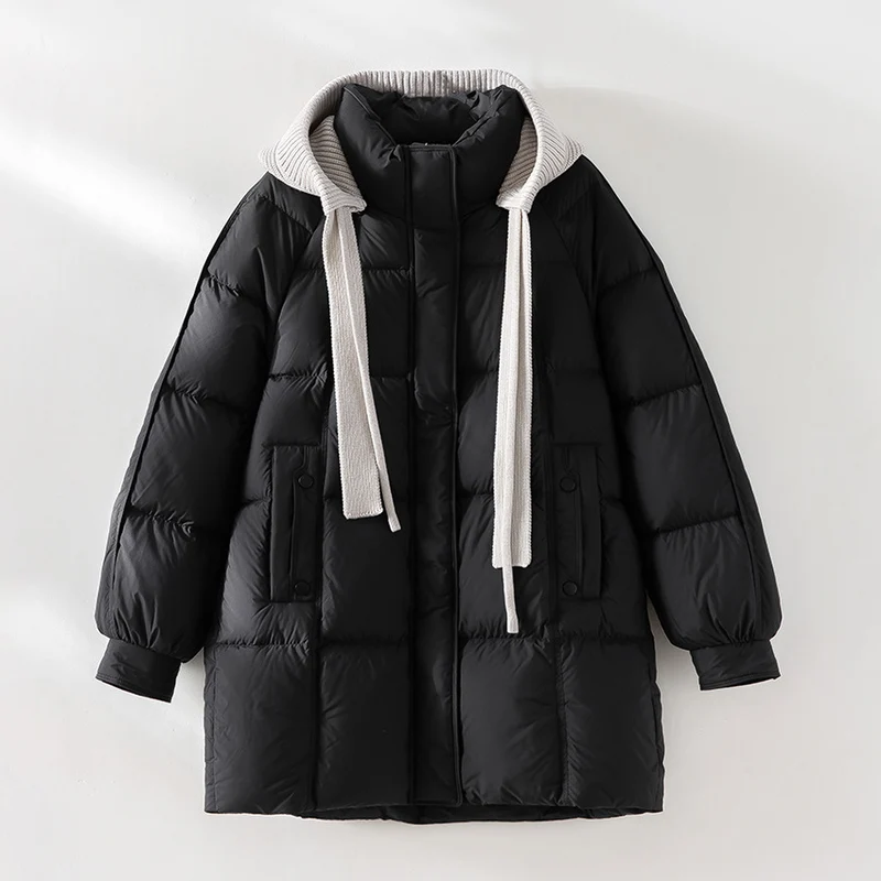 Damen wattierte Steppjacke mit Kapuze Rippkragen weitem Schnitt und Midilänge Drune