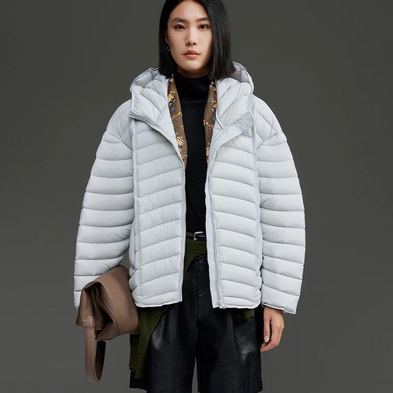 Damen Ultraleichte gesteppte Daunenjacke mit Kapuze und winddichter Außenhülle Drune