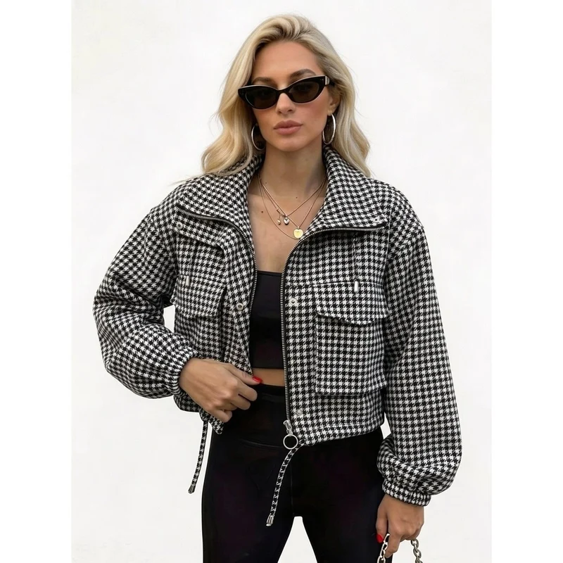 Damen Karo-Cropped-Jacke mit Stehkragen, Tunnelzug und elastischen Bündchen Drune