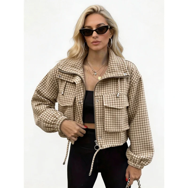 Damen Karo-Cropped-Jacke mit Stehkragen, Tunnelzug und elastischen Bündchen Drune
