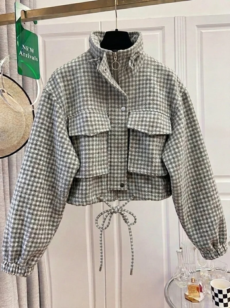 Damen Karo-Cropped-Jacke mit Stehkragen, Tunnelzug und elastischen Bündchen Drune